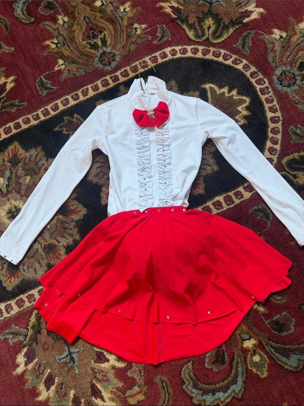 Weissman White Body Suit and Red Skirt